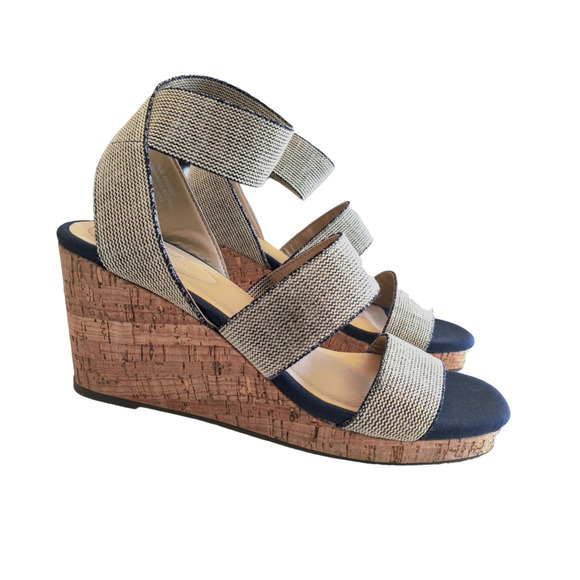 C Comfort Navy Blue Cream Espadrille Wedge Heel Sandals Size 10 M - Picture 9 of 9